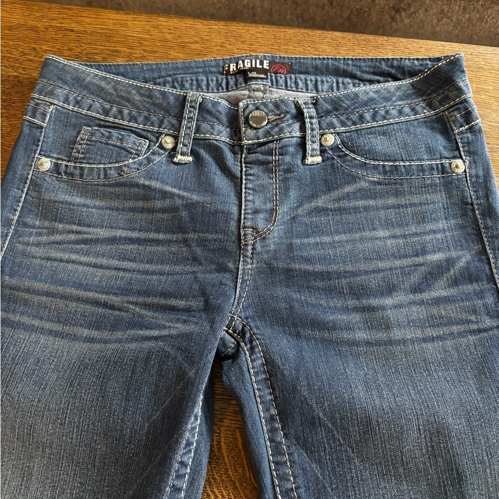 Fragile‎ Blue Jeans Women’s L Pull-On Stretch Bootcut Denim Dark Wash